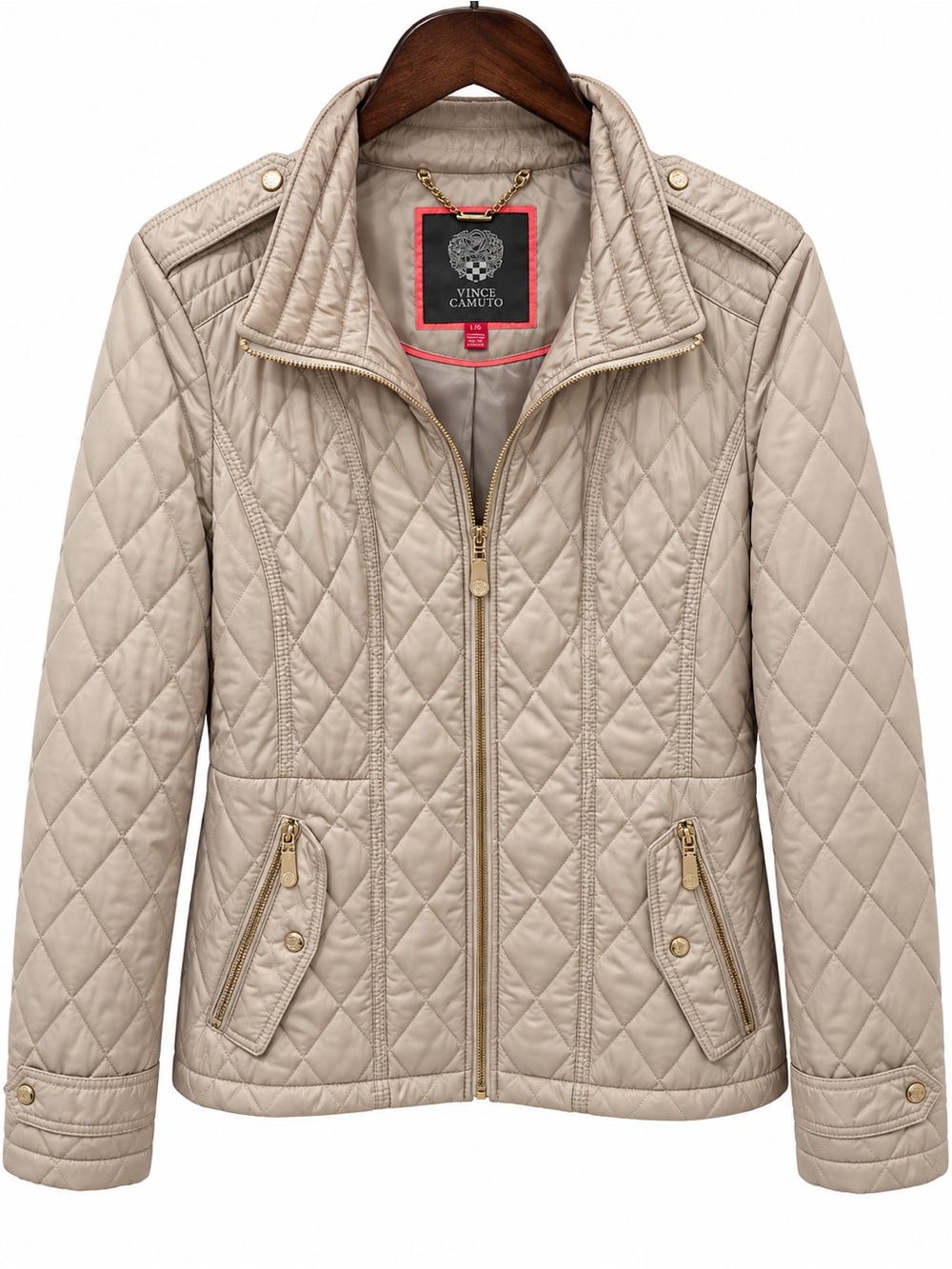 Vince Camuto Quilted Light Beige Girls' Jacket with Gold Hardware